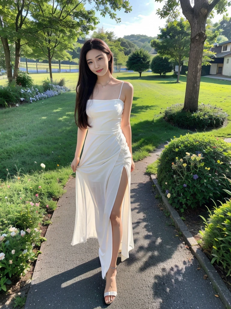 ，masterpiece, best quality，8K, ultra highres，Reallightandshadow，Cinema lenses，(beautidful eyes:1.1)， ((The scene is，The upper part of the body))，dynamicposes，On a green meadow，A gentle goddess came with a gentle step。She wore a white dress，A gentle breeze blows，The skirt dances lightly。The sun shines through the leaves on her hair，Reflecting her clear eyes and gentle smile。Colorful butterflies flew around her，Flowers bloomed at her feet，It was as if nature was cheering for her。