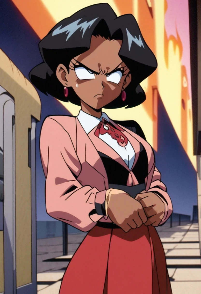 EVIL BLACK BUSINESS WOMAN WEARING A BLOUSE WITH A RED SKIRT SUIT 90s anime art style 