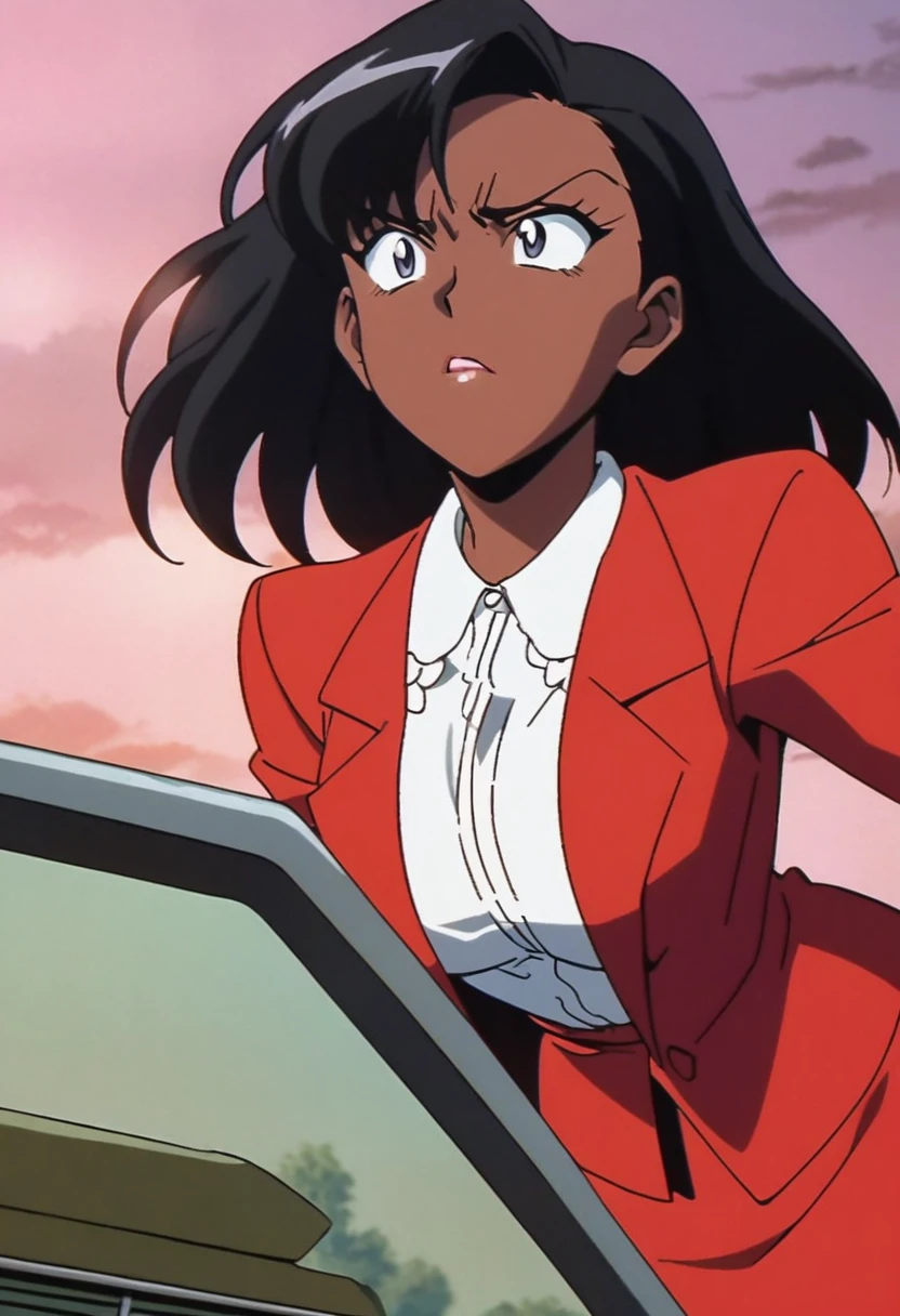 EVIL BLACK BUSINESS WOMAN WEARING A BLOUSE WITH A RED SKIRT SUIT 90s anime art style