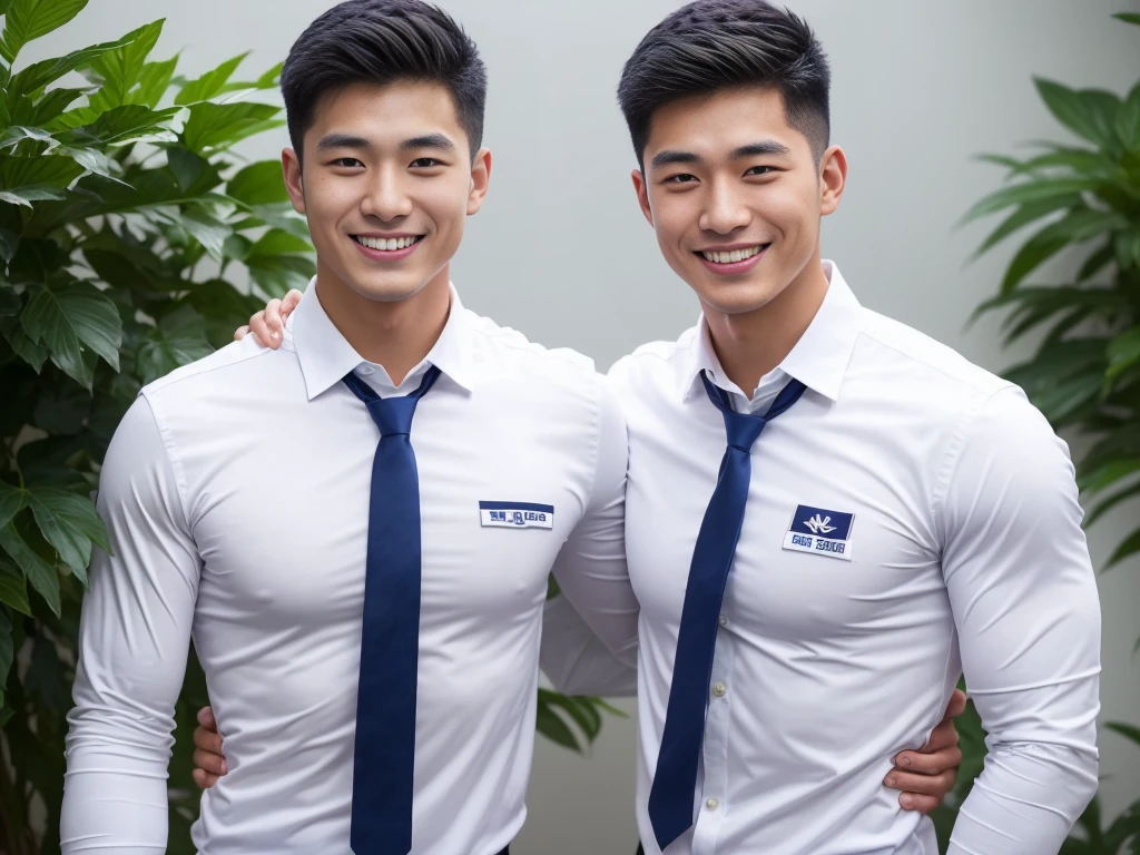 handsome man ,Age 20 , short hair, Korea , student，intermediary, (((Wear a white shirt with a navy tie........))), full body view,smile ,chest muscles, Big arm muscles,  big muscles, Broad shoulders ,sportsperson , upper body (1), rain: 1.3, Gym: 1.2, body drenched: 1.1, cycling