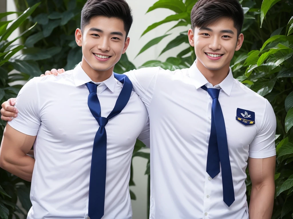 handsome man ,Age 20 , short hair, Korea , student，intermediary, (((Wear a white shirt with a navy tie........))), full body view,smile ,chest muscles, Big arm muscles,  big muscles, Broad shoulders ,sportsperson , upper body (1), rain: 1.3, Gym: 1.2, body drenched: 1.1, cycling