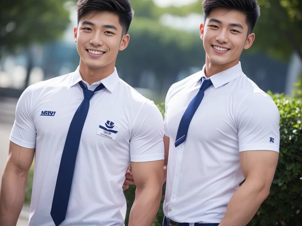 handsome man ,Age 20 , short hair, Korea , student,intermediary, (((Wear a white shirt with a navy tie........))), full body view,smile ,chest muscles, Big arm muscles, big muscles, Broad shoulders ,sportsperson , upper body (1), rain: 1.3, Gym: 1.2, body drenched: 1.1, cycling