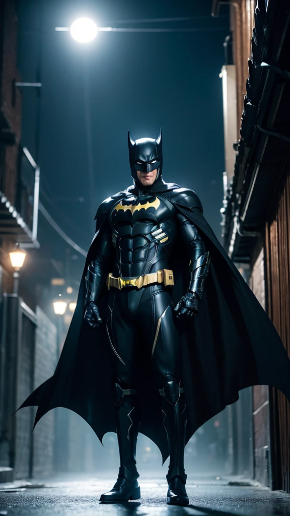 Masterpiece, best quality, NVIDIA RTX, sharp picture, cinematic lightning, hi-tech futuristic batman, perfect face details, proportional body, facial hair, luminous eyes:1.3, perfect mouth:1.3, luminous mecha-armor:1.3, glowing mecha armor:1.3, perfect cape, cape blown by strong winds:1.3, symmetrical pose, full body, epic lights reflection, night, dark alley, fogs