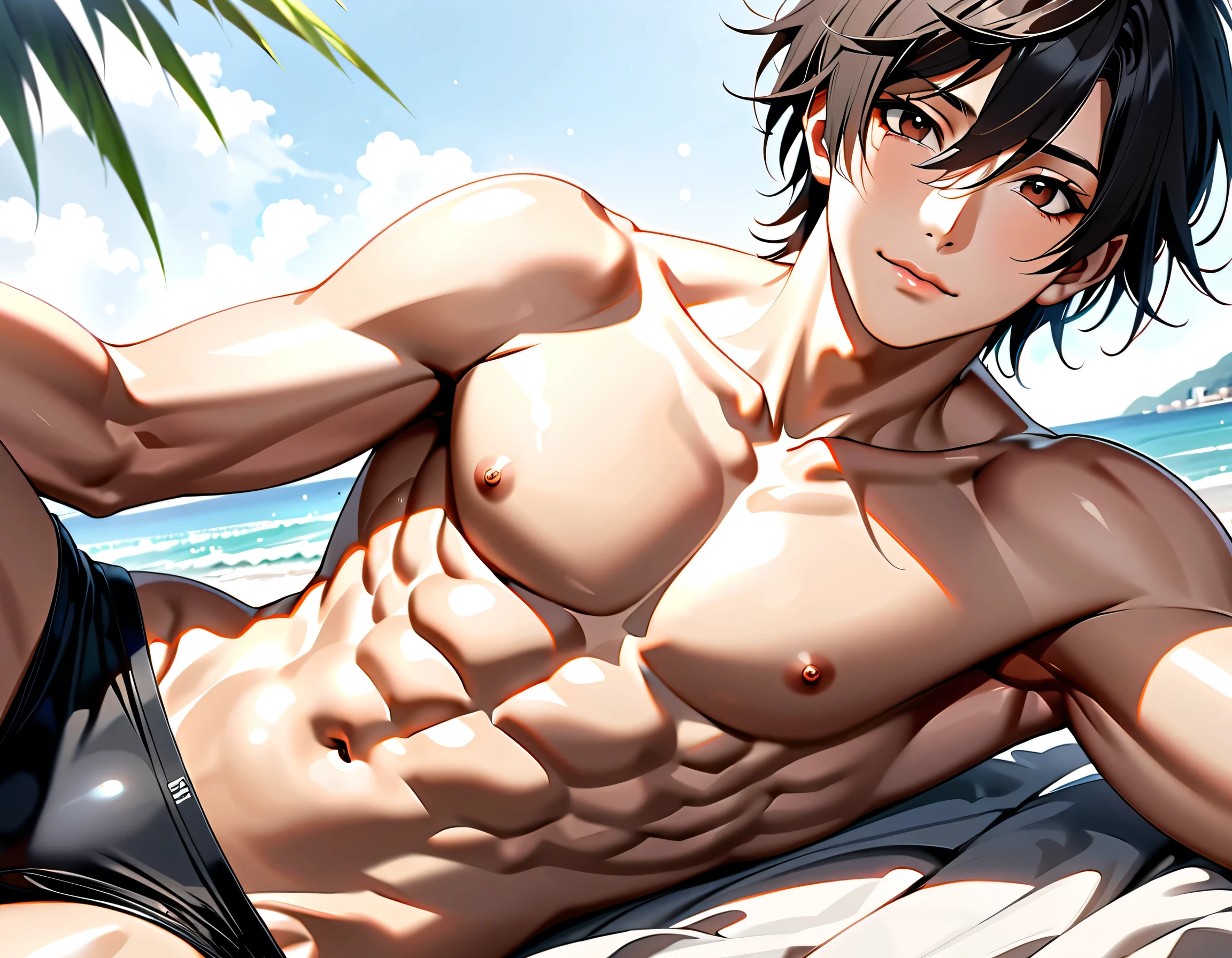 high quality, detailed, Realistic, (one 16 years old japanese boy), (detailed dark brown eyes), (abs:1.5), (shiny skin), detailed nipples, black hair, (black tiny thong), (erected bulge), summer noon, (smile:0.7), close up face, laying on my side shot,