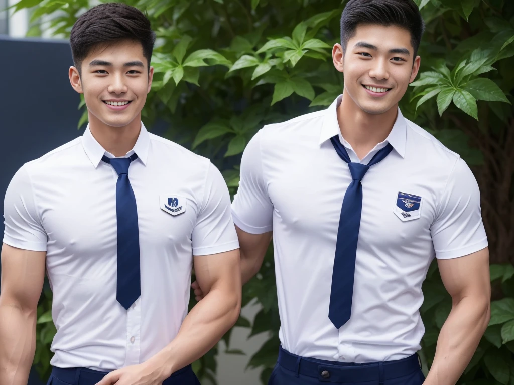 handsome man ,Age 20 , short hair, Korea , student,intermediary, (((Wear a white shirt with a navy tie........))), full body view,smile ,chest muscles, Big arm muscles, big muscles, Broad shoulders ,sportsperson , upper body (1), rain: 1.3, Gym: 1.2, body drenched: 1.1, cycling