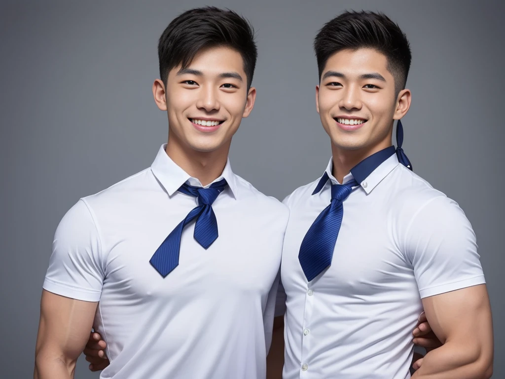 handsome man ,0 , short hair, Korea , student,intermediary, (((Wear a white shirt with a navy tie........))), full body view,smile ,chest muscles, Big arm muscles, big muscles, Broad shoulders ,sportsperson , upper body (1), rain: 1.3, Gym: 1.2, body drenched: 1.1, cycling