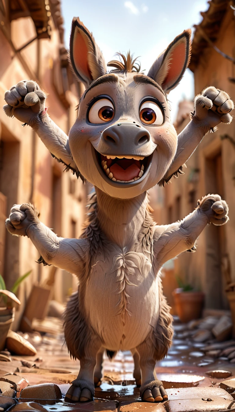 cute donkey, cartoon , arms, hands ,cute eyes, looking at viewer, arms up, dirty background, dirty