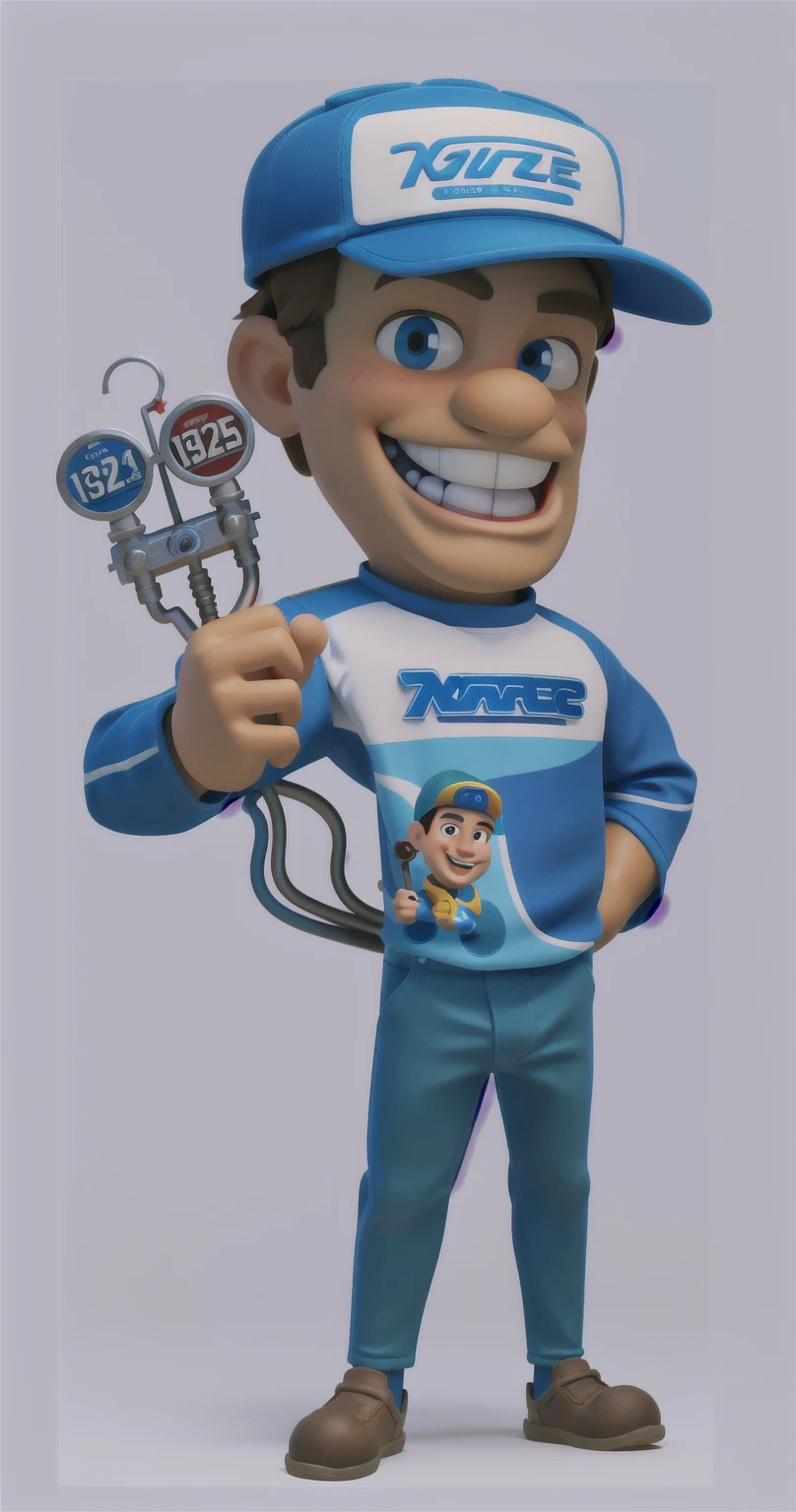 3d, Masterpiece artwork, disney pixar style man holding a pressure gauge, wearing cap, great smile, glad, long sleeve shirt, mascote de corpo inteiro, official character illustration, wearing plumber uniform, Mascot Illustration, detailed illustration, caricature, promotional rendering, bright coloured, rgb