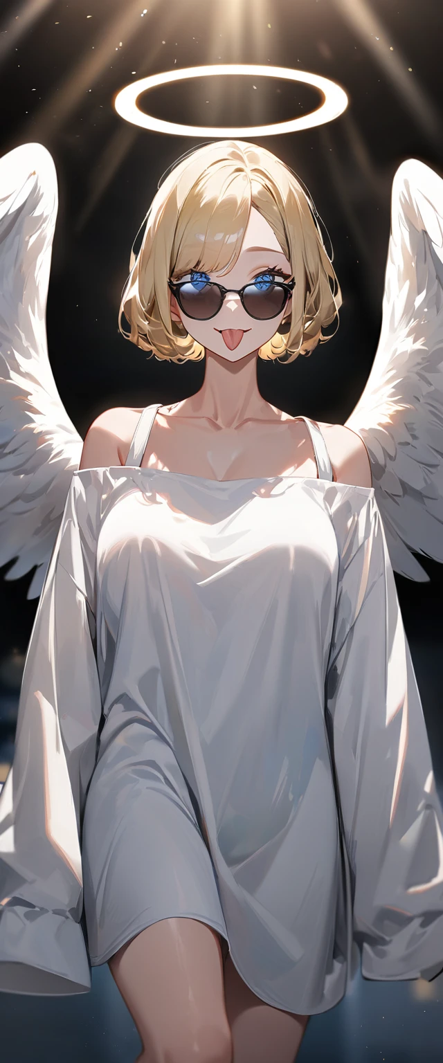 (((One girl))), ((sunglasses, hand to sunglasses)), ((angel, big big white wings:1.2, halo:1.3)), Uriel, ((wavy hair, outward curled hair)), evening, Sunset, open mouth, ((stick out tongue)), ((blond hair, bob cut:1.3)), big breasts, teenager, (looking at viewer), oversized clothes, puffy long sleeves, collarbone, ((off-shoulder sweater dress:1.3, Quite thick shoulder straps)), (((sleeves past wrists:1.3))), ((white sweater)), collarbone, head tilt:1.3, (((blue eye))), ((happy smile)), (((anime style))), (best quality, 4K, 8K, highres, masterpiece:1.2, ultra-detailed, ultra-detailed eyes, HDR, uhd, studio lighting, ultra-fine painting, sharp focus, physically-based rendering, extreme detail description, professional, vivid colors, bokeh), ((Highest quality, Best image quality, Ultra-high resolution, Ultra-high resolution, solo, Strong eye highlights)), Depth of written boundary, Natural soft light, attractive, Beautiful Face, Cleanliness, Pure Face, medium chest, Beautiful Face, Perfect Fingers, Perfect hands, Perfect body, Perfect Face, Shine a light into your eyes, Perfect Anatomy
