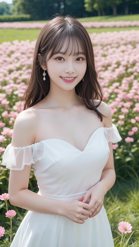 Highest quality, masterpiece, Ultra-high resolution (Realistic: 1.4), RAW Photos, 1 Girl, White Dress, Bare shoulders, A field full of pink flowers, Glowing Skin, smile