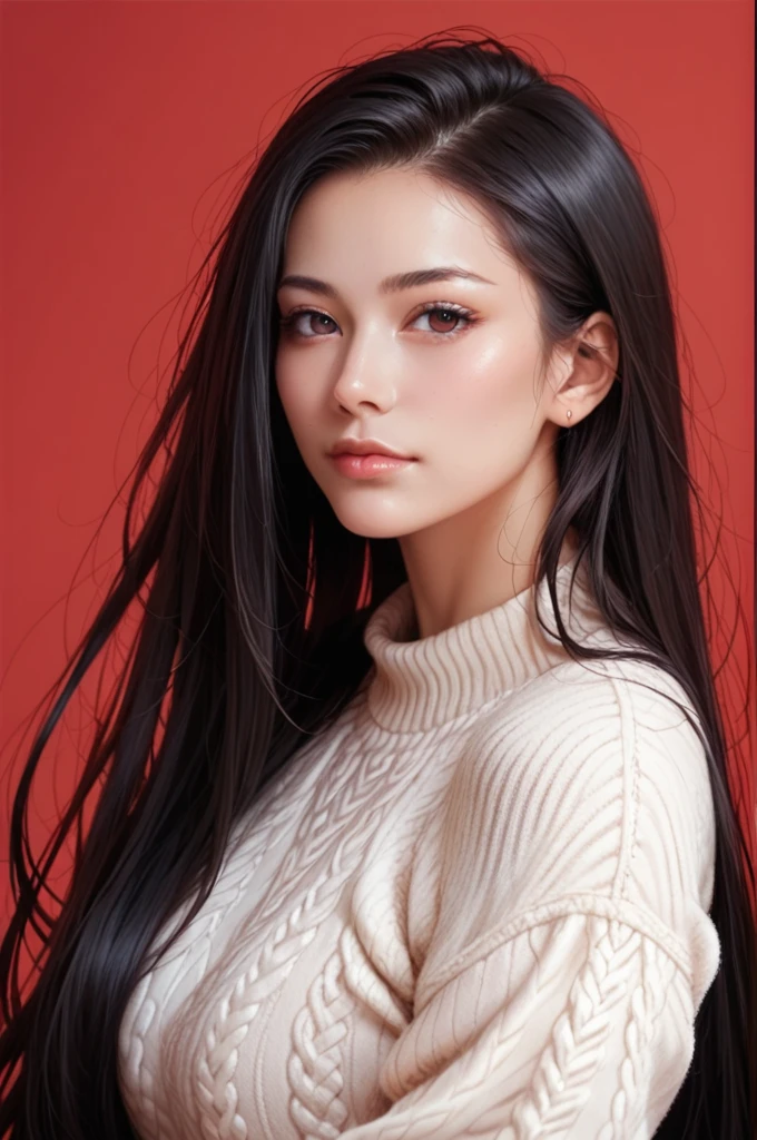 score_9,score_8_up,score_7_up, 20 years old, 8k, hd, beautiful girl, black hair, very long hair, straight hair, closed mouth,
1girl, detailed face, beautiful woman's face, sweater, red background, looking at viewer,