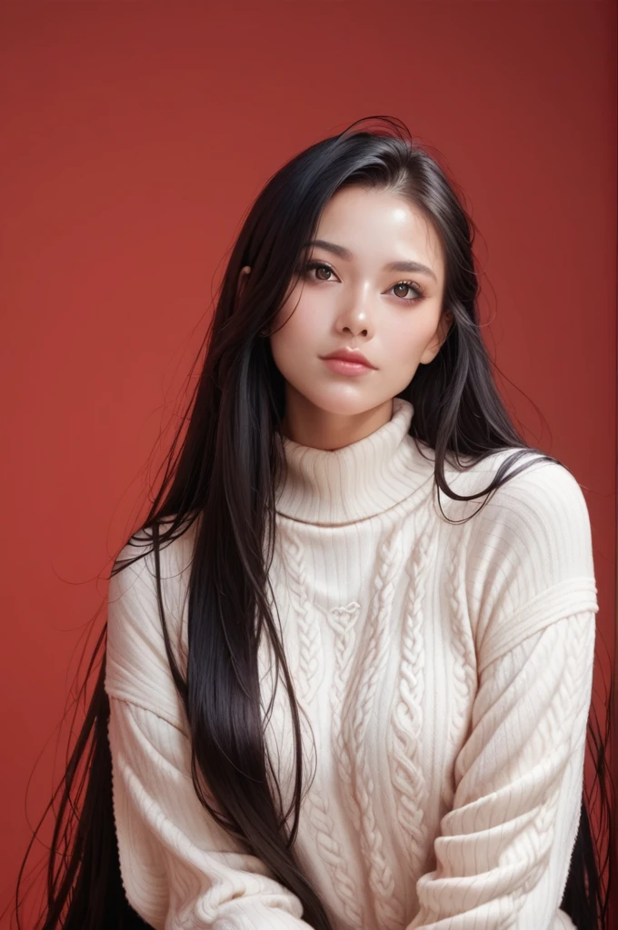 score_9,score_8_up,score_7_up, 20 years old, 8k, hd, beautiful girl, black hair, very long hair, straight hair, closed mouth,
1girl, detailed face, beautiful woman's face, sweater, red background, looking at viewer,