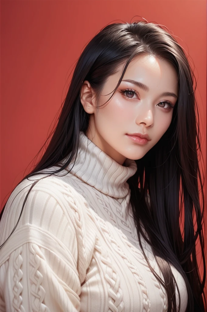 score_9,score_8_up,score_7_up, 20 years old, 8k, hd, beautiful girl, black hair, very long hair, straight hair, closed mouth,
1girl, detailed face, beautiful woman's face, sweater, red background, looking at viewer,