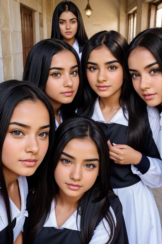 Hyper-realistic group photography of 10th class students girls with detailed face and all are beautiful with different skin colour and different face wearing  of a convent school frock looking hyper sexual and urging hazel eyes with long black hair nose is beautiful 