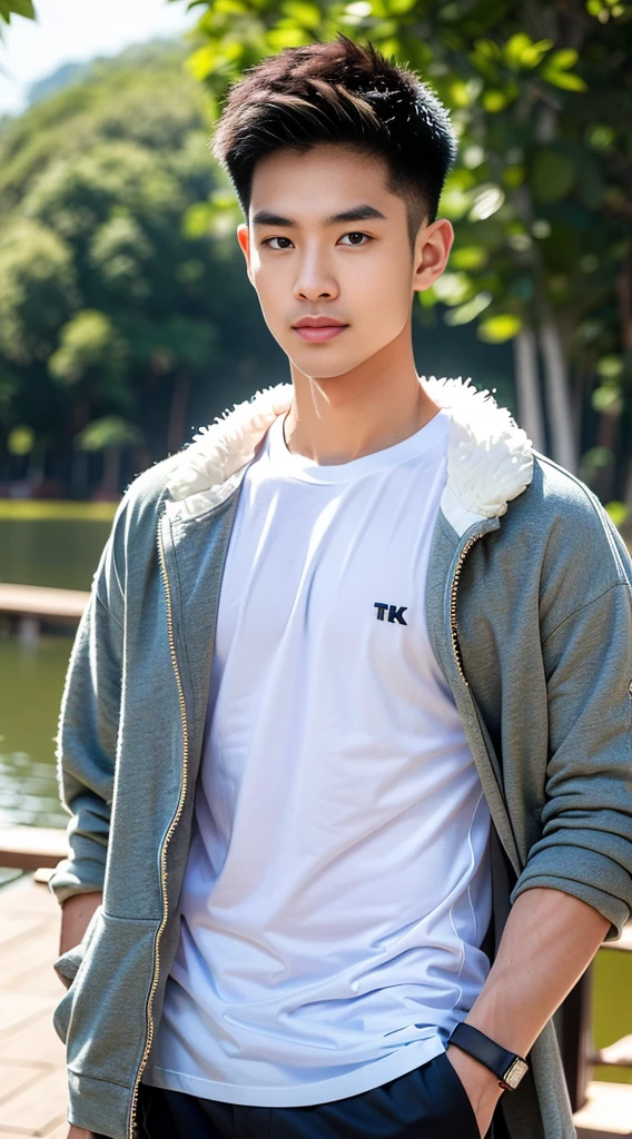 ((Highest quality, 8K, Masterpiece:1.3)),Thailand Laos Burma Asia,Thai man buzz haircut,A handsome Asian sport short hair,a muscular beard,and big muscles.,1A man who has,yo,Good appearance,Beautiful nose,Detailed eyes and face,beautiful light,(studio),high resolution,(Look at the viewer.),Fine mouth,whole body:1.5,perfect shape:1.3,Picture of both shoulders:1.3,(t-shirt:1.2),black cargo pants,wristband,landscape,(The background is Bokeh:1.2),on the sea,(fur-trimmed_jacket:1.2),