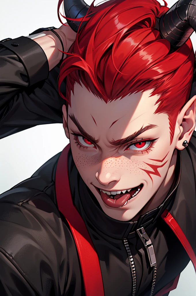 Young man, man, short red hair, close-up portrait, psychotic, crazy smile, bright eyes, red eyes, devil, horns, red complexion, schoolboy outfit, cross earring, black piercing, black tattoo, tight outfit, long eyelash, freckle, sensual pose, posing, looking at the lens, tongue sticking out, reptile tongue.