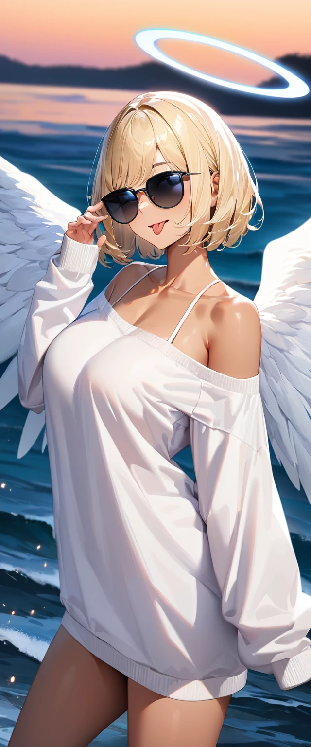 (((One girl))), ((tanned skin)), ((sunglasses, hand to sunglasses)), ((angel, big big white wings:1.2, halo:1.3)), open mouth, ((stick out tongue)), ((wavy hair)), evening, Sunset, sea, beach, ((blond hair, bob cut:1.3)), big breasts, ager, (looking at viewer), oversized clothes, puffy long sleeves, collarbone, ((off-shoulder sweater dress:1.3, Quite thick shoulder straps)), (((sleeves past wrists:1.3))), ((white sweater)), collarbone, head tilt:1.3, (((blue eye))), ((happy smile)), (((anime style))), (best quality, 4K, 8K, highres, masterpiece:1.2, ultra-detailed, ultra-detailed eyes, HDR, uhd, studio lighting, ultra-fine painting, sharp focus, physically-based rendering, extreme detail description, professional, vivid colors, bokeh), ((Highest quality, Best image quality, Ultra-high resolution, Ultra-high resolution, solo, Strong eye highlights)), Depth of written boundary, Natural soft light, attractive, Beautiful Face, Cleanliness, Pure Face, medium chest, Beautiful Face, Perfect Fingers, Perfect hands, Perfect body, Perfect Face, Shine a light into your eyes, Perfect Anatomy