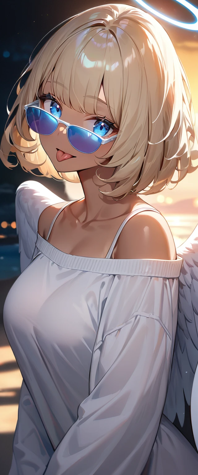 (((One girl))), ((tanned skin)), ((sunglasses, hand to sunglasses)), ((angel, big big white wings:1.2, halo:1.3)), open mouth, ((stick out tongue)), ((wavy hair)), evening, Sunset, sea, beach, ((blond hair, bob cut:1.3)), big breasts, teenager, (looking at viewer), oversized clothes, puffy long sleeves, collarbone, ((off-shoulder sweater dress:1.3, Quite thick shoulder straps)), (((sleeves past wrists:1.3))), ((white sweater)), collarbone, head tilt:1.3, (((blue eye))), ((happy smile)), (((anime style))), (best quality, 4K, 8K, highres, masterpiece:1.2, ultra-detailed, ultra-detailed eyes, HDR, uhd, studio lighting, ultra-fine painting, sharp focus, physically-based rendering, extreme detail description, professional, vivid colors, bokeh), ((Highest quality, Best image quality, Ultra-high resolution, Ultra-high resolution, solo, Strong eye highlights)), Depth of written boundary, Natural soft light, attractive, Beautiful Face, Cleanliness, Pure Face, medium chest, Beautiful Face, Perfect Fingers, Perfect hands, Perfect body, Perfect Face, Shine a light into your eyes, Perfect Anatomy