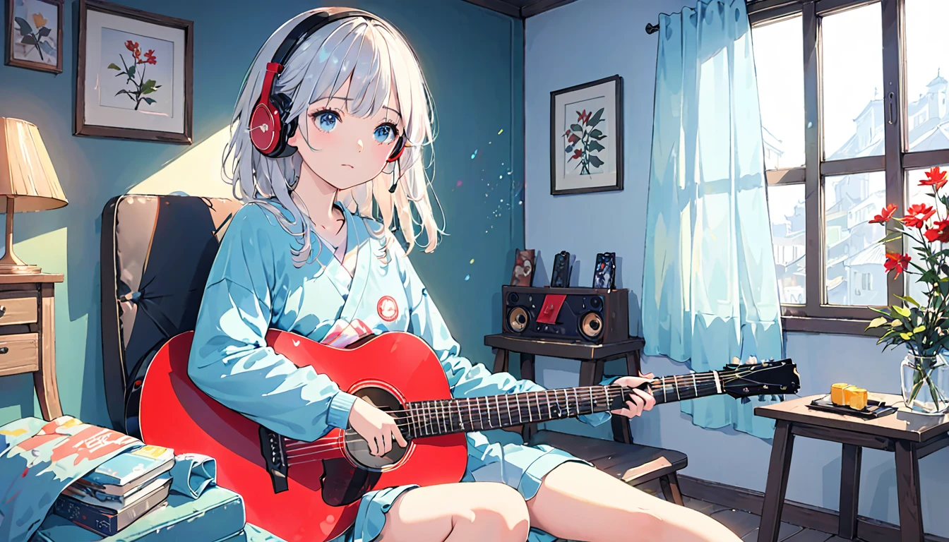 (Absurd:1.1, High resolution:1.1, 超detailed:1.1), 非常にdetailedな, 超detailed hair, (Fine grain:1.4), (Shining Eyes:1.3), thin, sad, Negative, cute, Perfectly symmetrical face, narr○w waist, 超cute girl, 超cute face, 超cute, Super beautiful, Beautiful colors, merry (Yanmar gauge),From wlop,((Great quality)), (Beautiful legs), Sitting, smartphone, Upper body rest (Beautiful colors,detailed,Highest quality,Great quality,so beautiful), guitar, Headphones, Jersey, Chair, Lighting and Shadows(perspective), Lighting particles, colorful, masterpiece, Stylish room,
