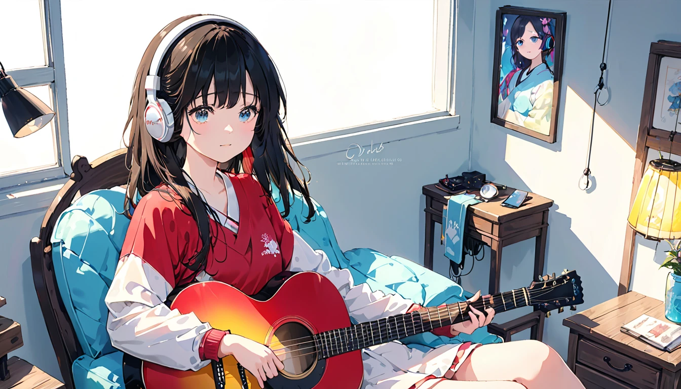 (Absurd:1.1, High resolution:1.1, 超detailed:1.1), 非常にdetailedな, 超detailed hair, (Fine grain:1.4), (Shining Eyes:1.3), thin, sad, Negative, cute, Perfectly symmetrical face, narr○w waist, 超cute girl, 超cute face, 超cute, Super beautiful, Beautiful colors, merry (Yanmar gauge),From wlop,((Great quality)), (Beautiful legs), Sitting, smartphone, Upper body rest (Beautiful colors,detailed,Highest quality,Great quality,so beautiful), guitar, Headphones, Jersey, Chair, Lighting and Shadows(perspective), Lighting particles, colorful, masterpiece, Stylish room,