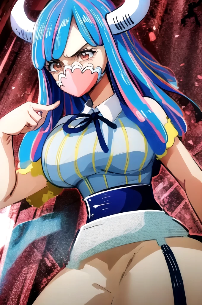 (masterpiece, Highest quality:1.4),Cinematic Light,colorful,High Contrast,(One girl),Alti OP,One Piece Anime,((Large Breasts)),Multicolored Hair,Long Hair,Blue Hair,Pink Hair,bangs,horn,Blue Skirt,High Waist Skirt,White shirt,Happy,Huge breasts,beautiful,Completely naked