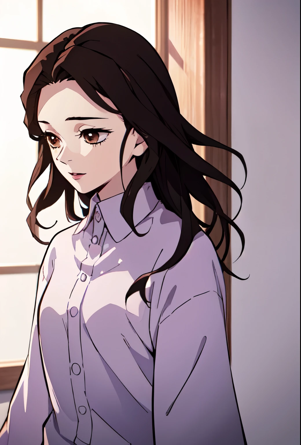 Girl, long brown hair, brown eyes, sharp features, white skin, pink lip, perfect, purple shirt with sleeves