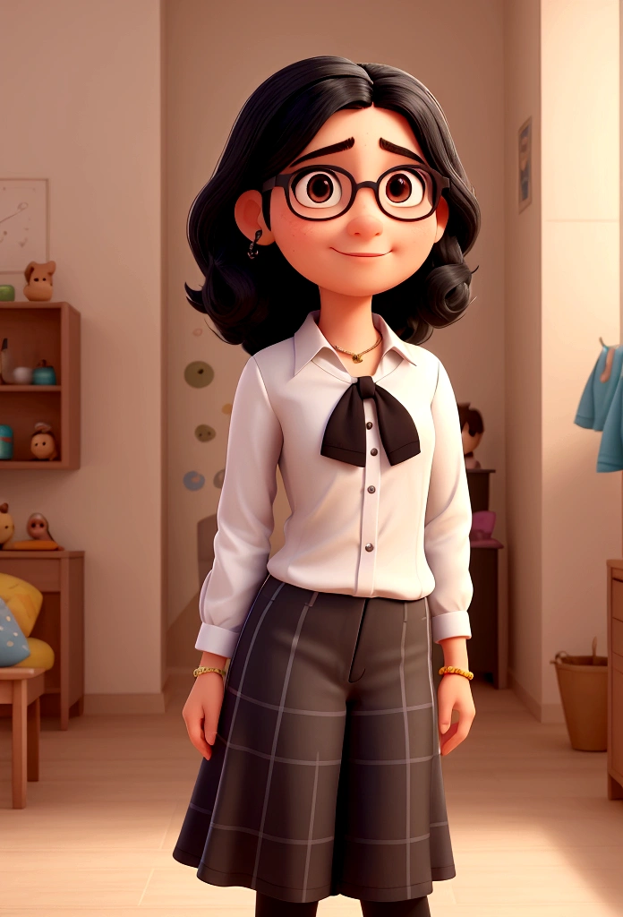 Create a Pixar-style avatar of a . she has black hair, straight and slightly wavy at the ends, that falls a little below the shoulders. She wears black, square-framed glasses. There is a charming little mole on her right cheek. Facial expression should be happy and friendly, com olhos grandes e brilhantes, typical of Pixar characters. She is dressed in a colorful and modern blouse, reflecting a youthful and contemporary style.