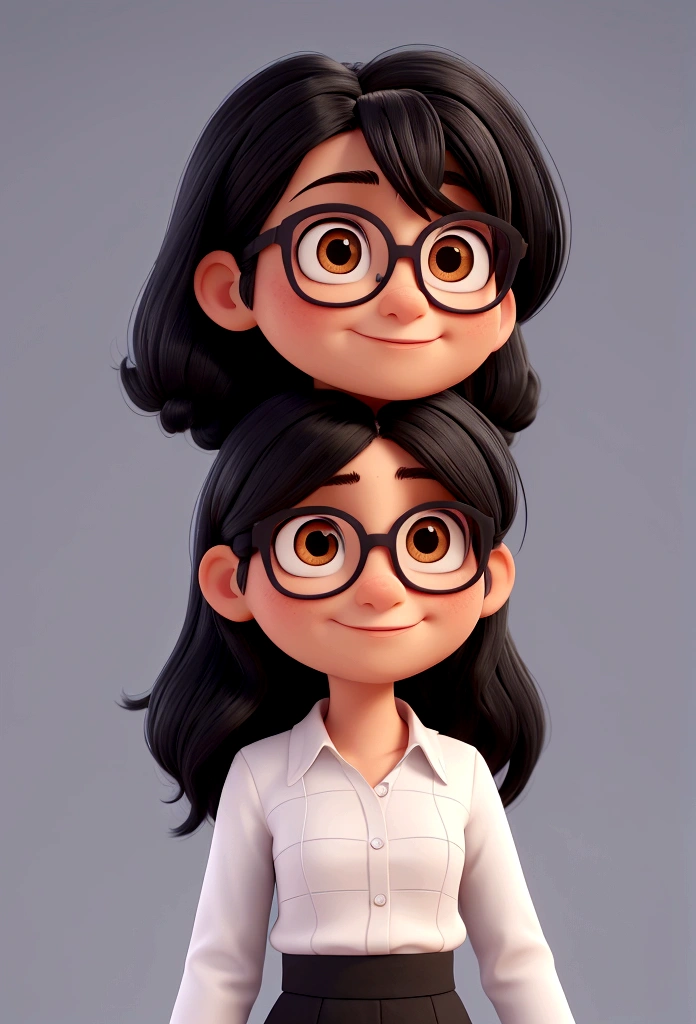 Create a Pixar-style avatar of a . she has black hair, straight and slightly wavy at the ends, that falls a little below the shoulders. She wears black, square-framed glasses. There is a charming little mole on her right cheek. Facial expression should be happy and friendly, com olhos grandes e brilhantes, typical of Pixar characters. She is dressed in a colorful and modern blouse, reflecting a youthful and contemporary style.