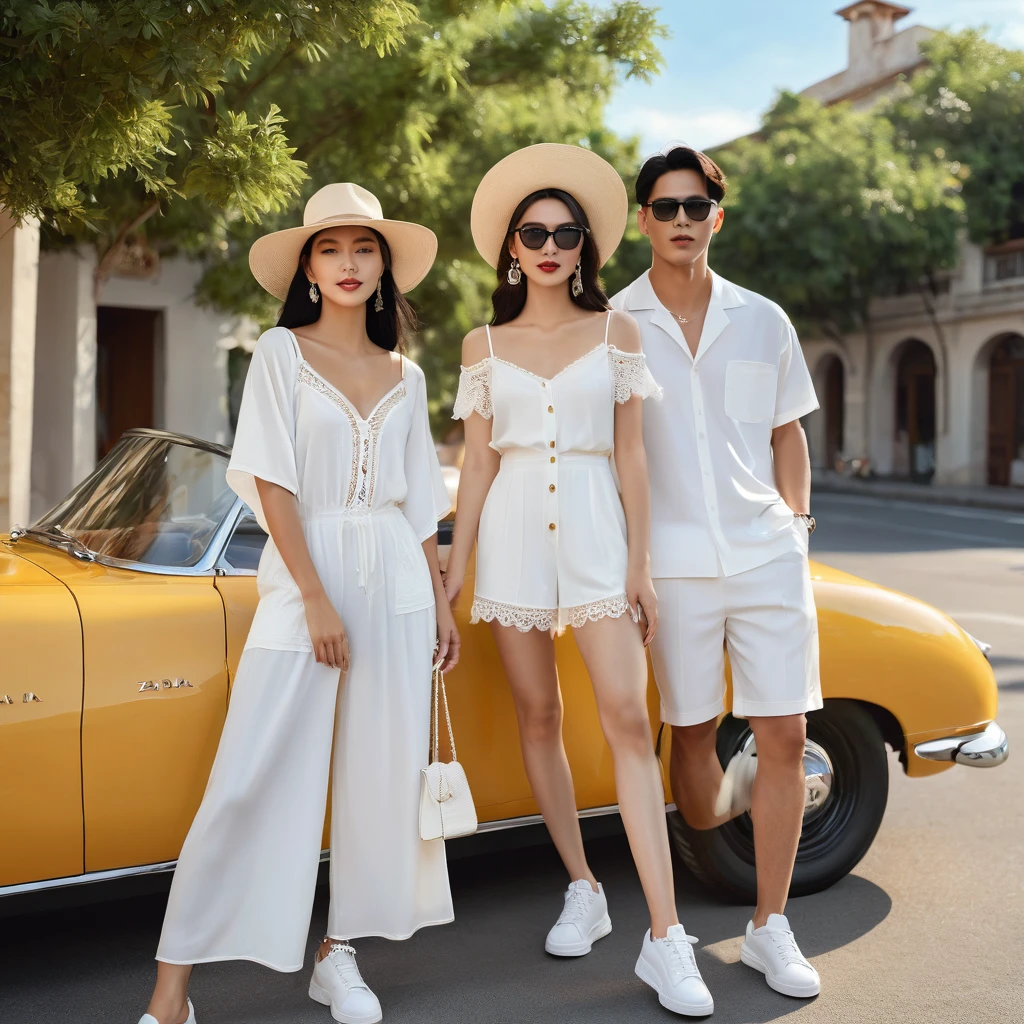 candid fashion illustration of young mixed Asian man and woman, both aged 20 year old, ((showcase fashion look book in a White rayon outfits)), inspired by Zara's resort collection 2020 in elegant young bohemian style. The man wears an oversized short-sleeved bowling white shirt with a pocket details, paired with relaxed-fit white Sports Wide Leg Shorts Baggy short and Drawstring, He completes his look with white sneakers, sunglasses and bracelet. The woman complements him in a white Ankle-length dress in a rayon with delicate lace insets, V-shaped neckline, covered buttons down the front and an open section, spaghetti shoulder straps, Gathered tiers down the skirt and a scalloped hem, Her ensemble includes an accessorizes with a wide-brimmed straw hat, white sneakers and necklace. Captured in a low angle, ((full-body image)), The photograph is taken with a Canon EOS R camera using an 85mm f/1.8 lens at an f/2.2 aperture, utilizing natural light. Employing three-point lighting and incorporating 3D animation shadows enhances his features and adds depth to the composition. The careful layering and arrangement of his body parts and surrounding objects ensure a flawless composition. This masterpiece celebrates the beauty of the male form and invites viewers to immerse themselves in a world of sophistication and charm. The seductive lighting and intricate details, combined with a dramatic composition, invite viewers to revel in the essence of a fun-filled day, brimming with joy and relaxation. Attention is meticulously paid to the layers and arrangement of his body parts and surrounding objects, ensuring correct body structure and photo distance. The romantic atmosphere, paired with a lively and extremely gorgeous background, enhances the overall allure of this exquisite image.