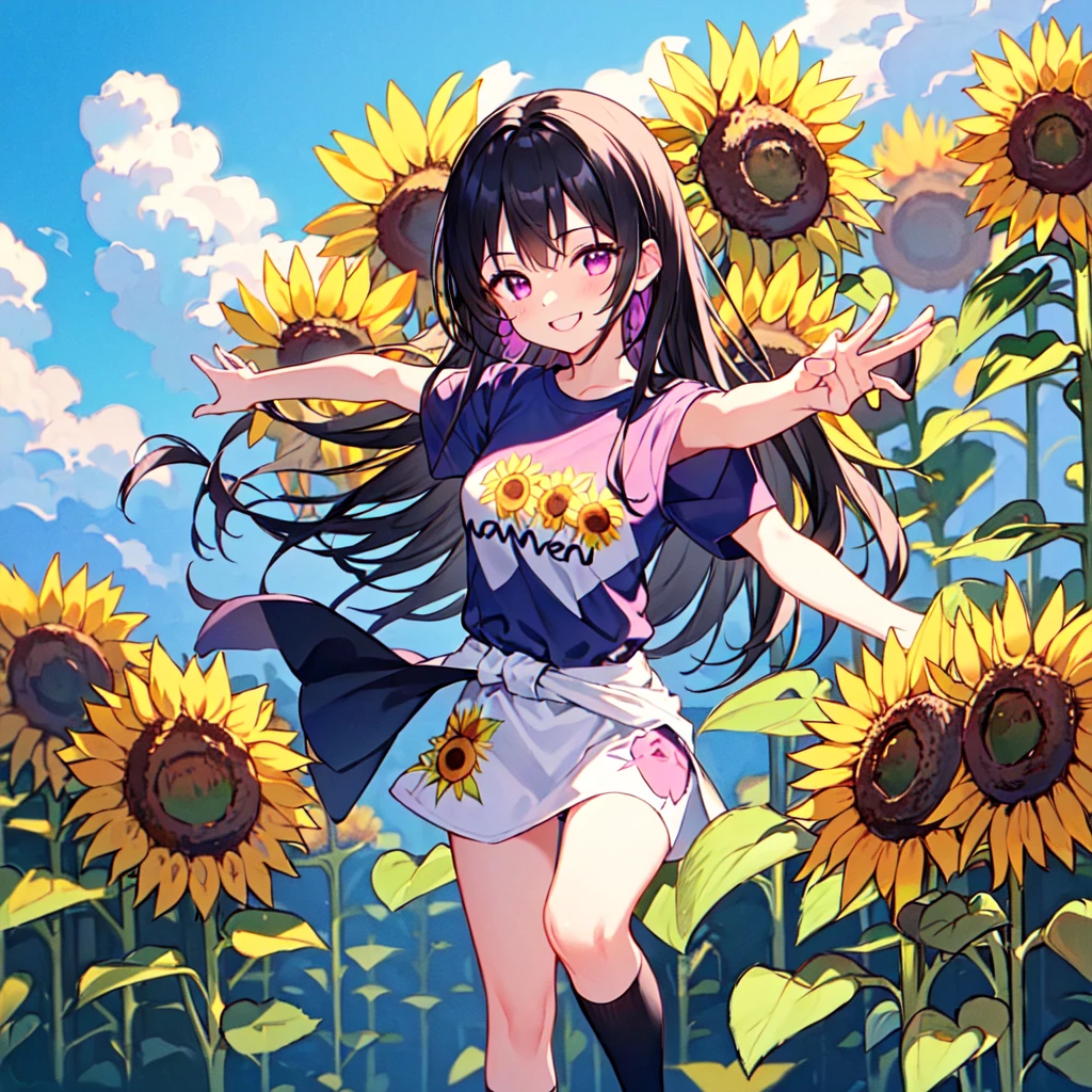 masterpiece, best quality, high quality, extremely detailed, very delicate and beautiful, (1 female 18 years old solo:1.2), (long black hair two-side up to waist:1.4), bangs to eyebrows, eyes Eyebrows glossy, (eye color magenta:1.3), 6.5 head height, ( T-shirt sunflower print fashion:1.3), knee socks, (smiling), (hands outstretched), (standing), (dynamic pose), (background sunflower field:1.3), (blue sky:1.3)