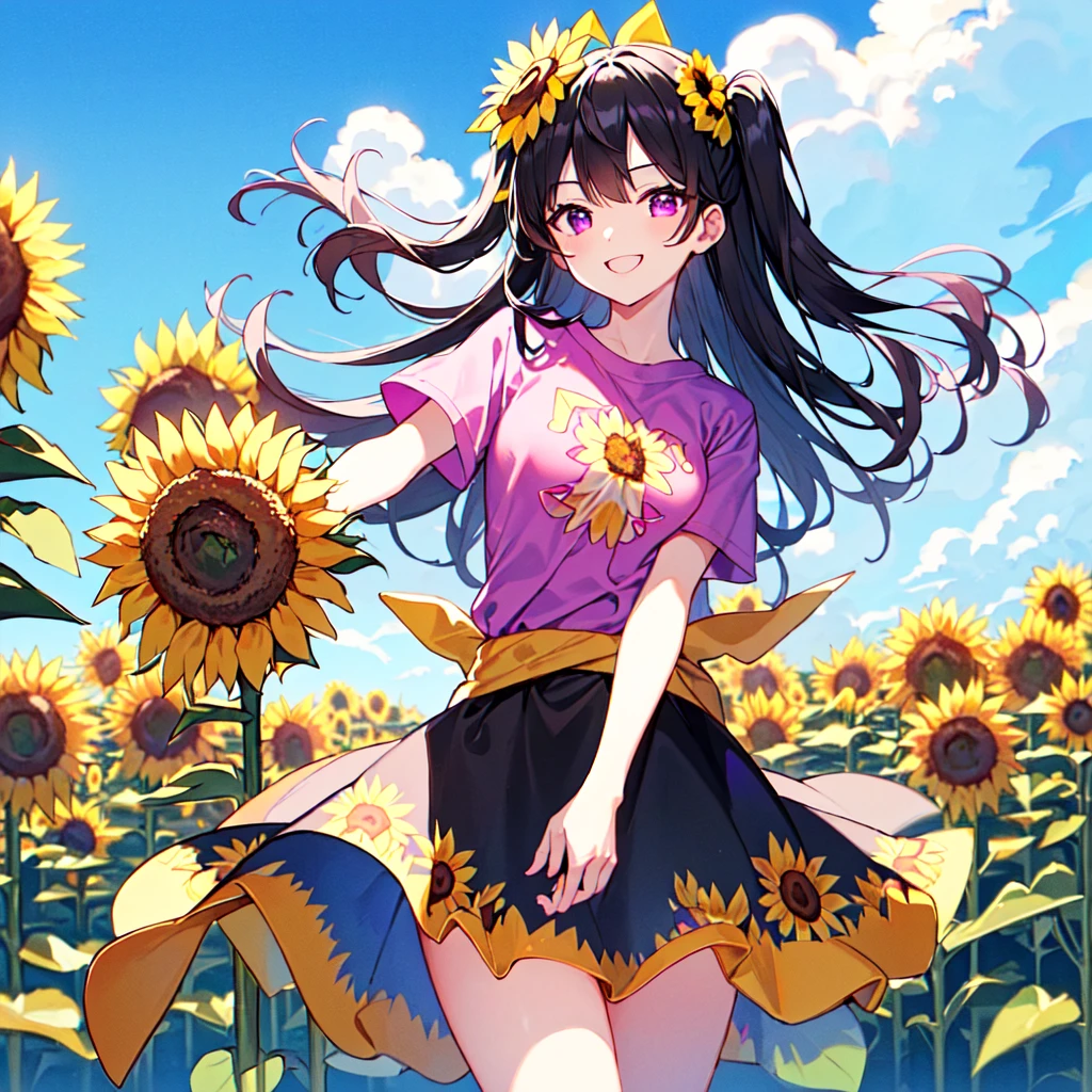 masterpiece, best quality, high quality, extremely detailed, very delicate and beautiful, (1 female 18 years old solo:1.2), (long black hair two-side up to waist:1.4), bangs to eyebrows, eyes Eyebrows glossy, (eye color magenta:1.3), 6.5 head height, ( T-shirt sunflower print fashion:1.3), knee socks, (smiling), (hands outstretched), (standing), (dynamic pose), (background sunflower field:1.3), (blue sky:1.3)