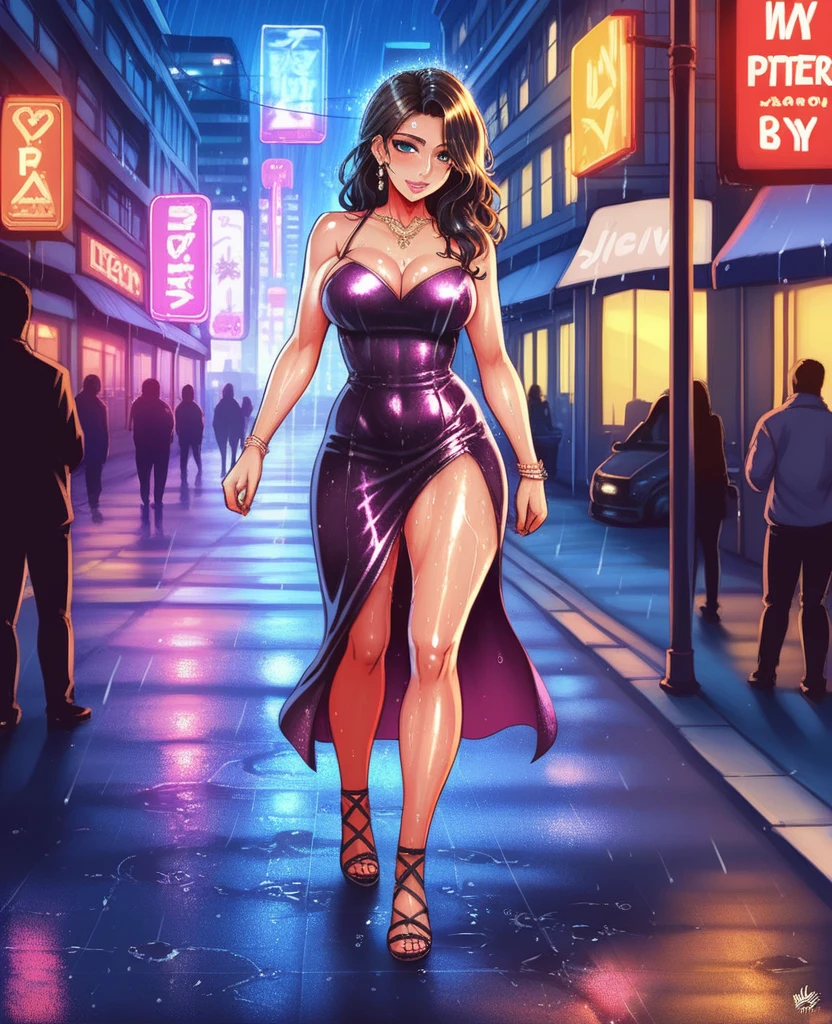a beautiful cyborg woman, intricate details, masterpiece, absurdres, beautiful figure, slim body, magnificent ???????, intricate details:1.12, HDR, intricate details, hyper-detailing:1.15, natural skin textures, hyper realistic, soft light, sharp:1.2, walking through a crowded city street, squatting, wet dress, performance, defile, cityscape, modern architecture, neon lights, rainy environment, reflective surfaces, dramatic lighting, heavy rain, raindrops, downpour, wet hair, wet pussy