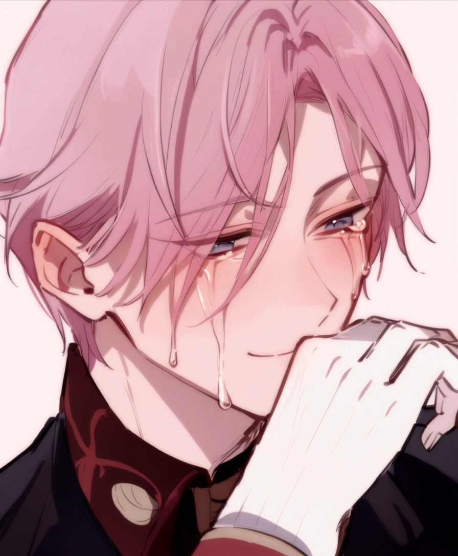 anime boy with pink hair and black jacket holding his hand to his face, delicate androgynous prince, beautiful androgynous prince, his eyes are bleeding intense, crying and smiling franticly, portrait de shanks le roux, handsome guy in demon slayer art, (winking), giga chad crying, detailed anime soft face, by Eizan Kikukawa