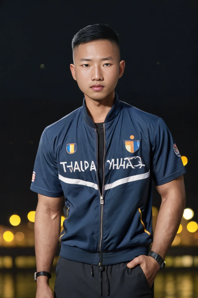 ((Highest quality, 8K, Masterpiece:1.3)),Thailand Laos Burma Asia,Thai man buzz haircut,A handsome Asian sport short hair,a muscular beard,and big muscles.,1A man who has,yo,Good appearance,Beautiful nose,Detailed eyes and face,beautiful light,(studio),high resolution,(Look at the viewer.),Fine mouth,whole body:1.5,perfect shape:1.3,Picture of both shoulders:1.3,(t-shirt:1.2),black cargo pants,wristband,landscape,(The background is Bokeh:1.2),on the sea,(open_jacket:1.3),