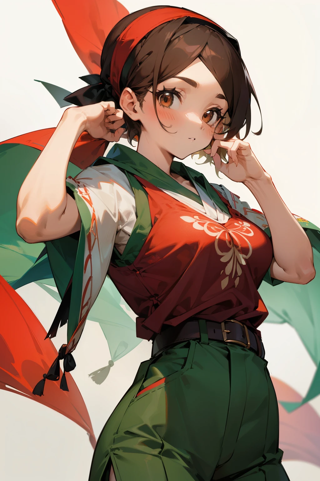 Cute girl, Shawl and headband, Brown eyes, Red short-sleeved shirt, Short green pants, big breasts, Decorations and embroidery on clothes, black belt.