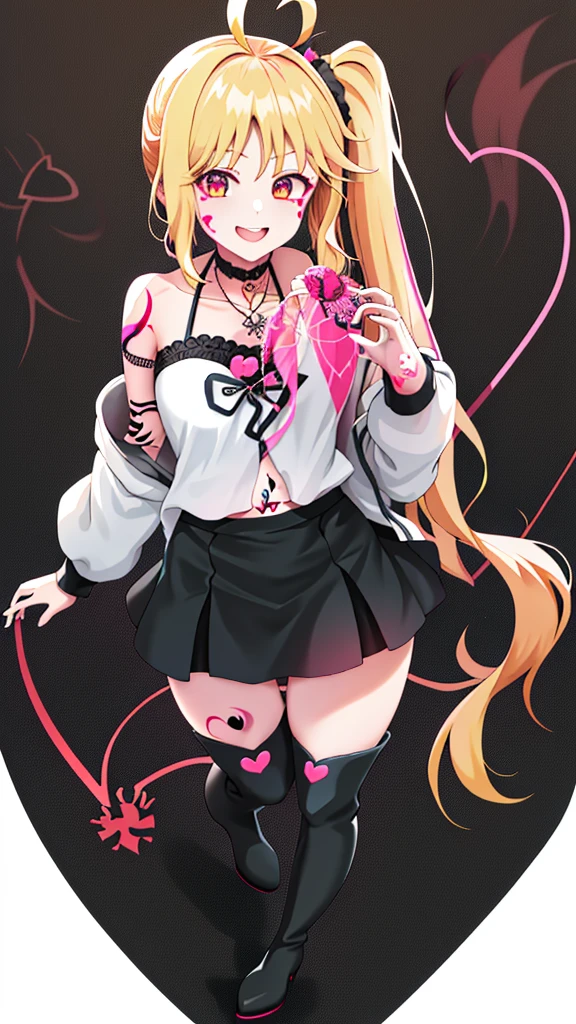 1girl,, 独奏,, Thigh boots, Thighs, Boots, Long hair, High heels, Necklace,, Black footwear, White background, Small off shoulder, Full body, Bangs looking at the viewer, Masterpiece, Best Quality, High Definition, in1, Side Ponytail, Long Hair, Ahoge, Top Teeth,Low Angle, Mini Skirt Shirt Absolute realm Scary face Eyes without highlights Psychopath、Tattoos on the lower abdomen:1.5), (Heart tattoos:1.5), 