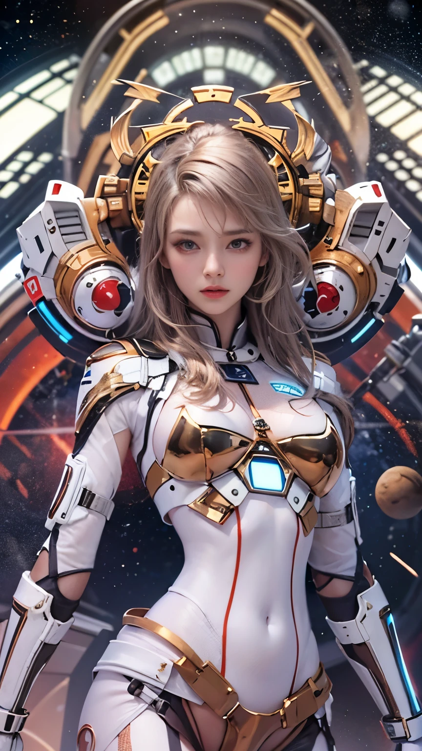 space war, 8K resolution, masterpiece, Highest quality, Award-winning works, unrealistic, Only sexy women, healthy shaped body, Age 25, White wavy long hair, hair band, huge firm bouncing busts, Space Commander&#39;s Armor, Complex Armor, royal coat of arms, elegant, Very detailed, Digital Painting, artステーション, コンセプトart, Smooth, Sharp focus, shape, artジャム、Greg Rutkowski、Alphonse Mucha、William Adolphe Bouguereau、art：Stephanie Law , Magnificent cosmic background, Royal Jewel, nature, Full Shot, Symmetric, Greg Rutkowski, Charlie Bowwater, beep, Unreal 5, Surreal, Dynamic Lighting, ファンタジーart, Complex colors, Colorful magic circle, flash,  dynamic sexy pose,  A robot suit with a complex structure, Complex colorsのロボットスーツ, Tight robot suit, space war, Movie battle scenes,