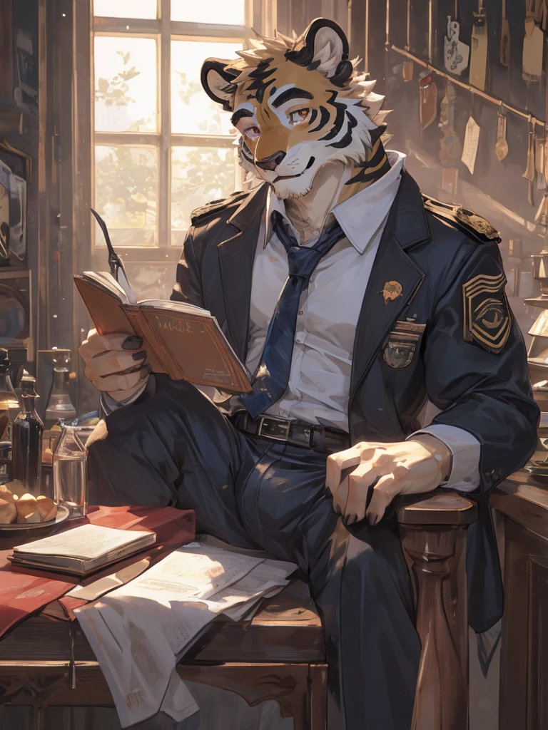 {{bara extremely handsome white tiger,}} {{white fur,}} white, wearing military like purple trench coat, purple trousers, white dress shirt and necktie, white fluffy furry body and limbs, loafers, very tall, very broad shoulders, narrow waist, muscular arms, massive pecs, purple eyes, very long legs,  sitting on swivel chair with legs spread, massive bulge, reading file, sophisticated hot look, full body, sunlight casting over, 3/4 view, best quality, high quality, silver earring on left ear, sultry smirk
