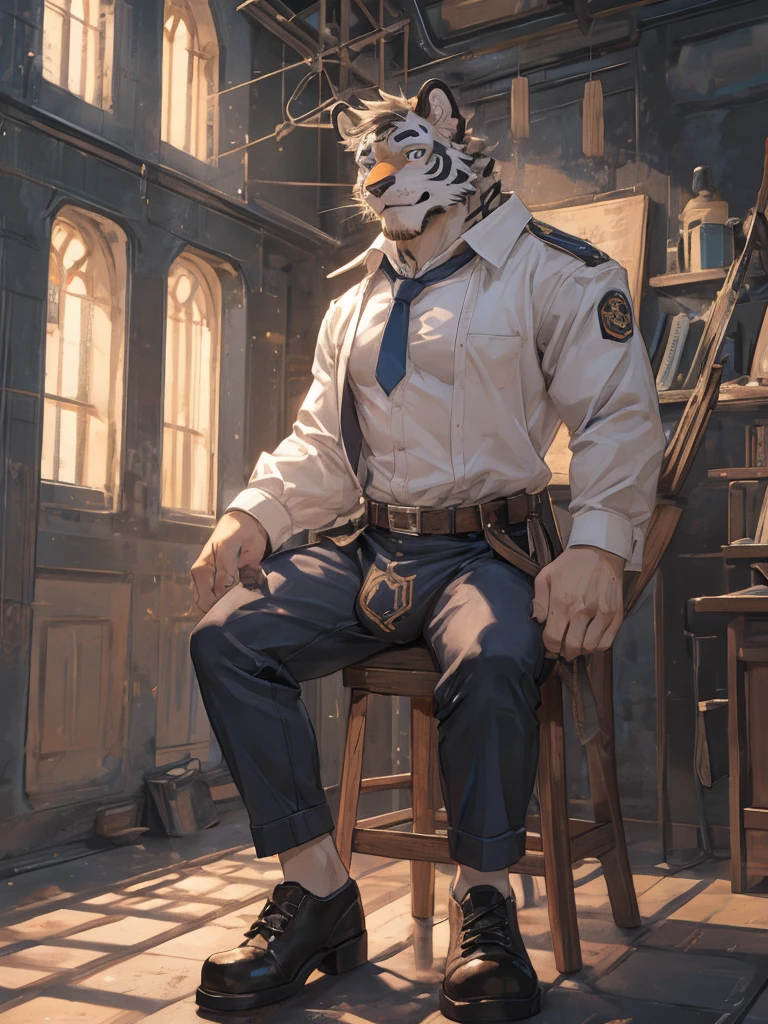 {{bara extremely handsome white tiger,}} {{white fur,}} white, wearing military like purple trench coat, purple trousers, white dress shirt and necktie, white fluffy furry body and limbs, loafers, very tall, very broad shoulders, narrow waist, muscular arms, massive pecs, purple eyes, very long legs, sitting on swivel chair with legs spread, massive bulge, reading file, sophisticated hot look, full body, sunlight casting over, 3/4 view, best quality, high quality, silver earring on left ear, sultry smirk
