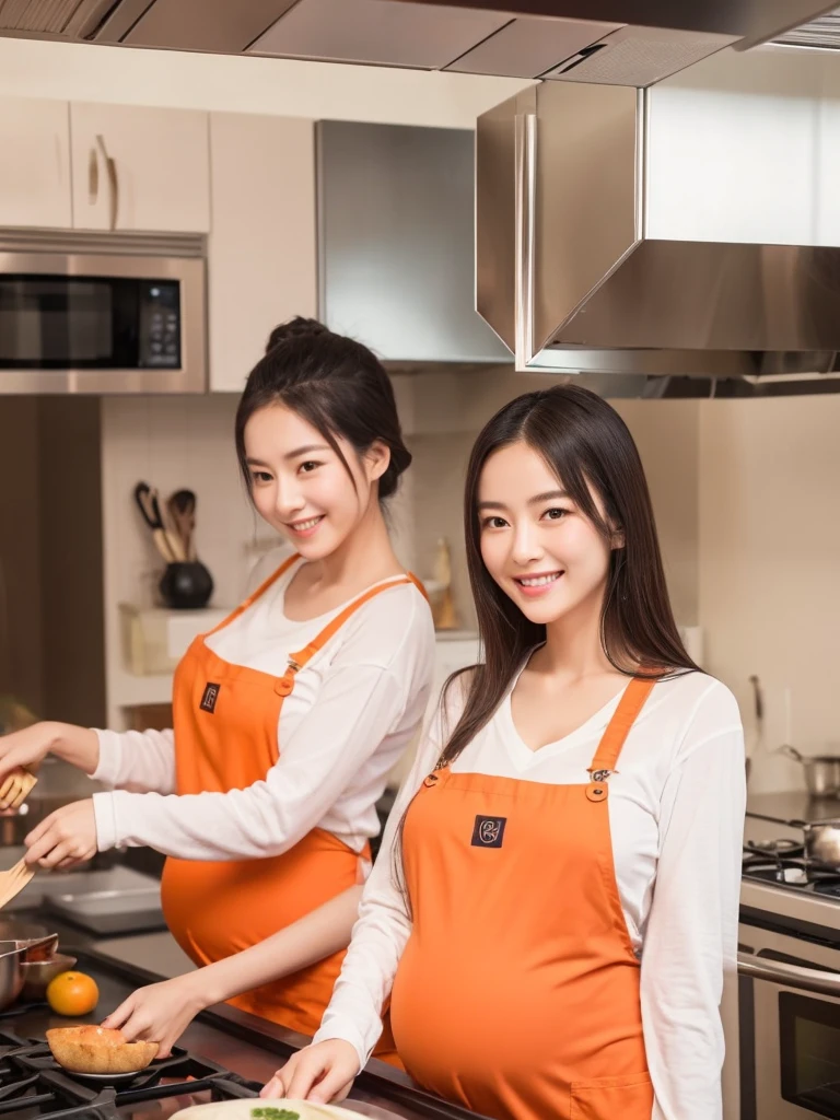 Two gentle and virtuous Chinese、Singapore、Beautiful woman in Japan,They are all pregnant women,Super Beauty、Long hair、Taking a photo next to the range hood in the kitchen,Wearing an orange apron,The apron has the eye-catching Chinese characters "小丌",Wear a V-neck long-sleeved T-shirt inside,Holding up the spatula,Gas stove cooking,Beautiful woman showing charming smile、White Teeth,Make women and men look like they like this person very much,In line with Chinese aesthetics、Big breasts、Double eyelids,Focus、Ultra high definition,Proportionate body,Fair skin,Perfect shape of every body part,Elegant posture、Requires perfection in work、No flaws,