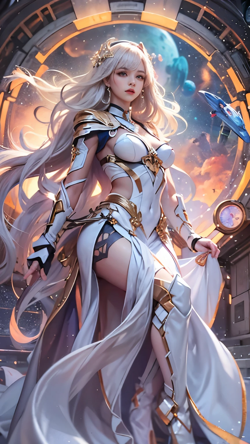 space war, 8K resolution, masterpiece, Highest quality, Award-winning works, unrealistic, Only sexy women, healthy shaped body, Age 25, White wavy long hair, hair band, huge firm bouncing busts, Space Commander&#39;s Armor, Complex Armor, royal coat of arms, elegant, Very detailed, Digital Painting, artステーション, コンセプトart, Smooth, Sharp focus, shape, artジャム、Greg Rutkowski、Alphonse Mucha、William Adolphe Bouguereau、art：Stephanie Law , Magnificent cosmic background, Royal Jewel, nature, Full Shot, Symmetric, Greg Rutkowski, Charlie Bowwater, beep, Unreal 5, Surreal, Dynamic Lighting, ファンタジーart, Complex colors, Colorful magic circle, flash,  dynamic sexy pose,  A robot suit with a complex structure, Complex colorsのロボットスーツ, Tight robot suit, space war, Movie battle scenes,