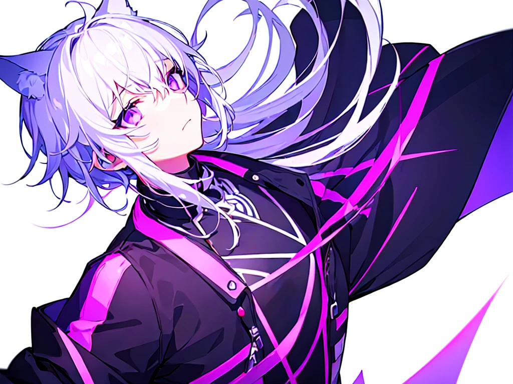 [(WHITE BACKGROUND:1.5),::5], ((((masterpiece)))), high quality, ultra very high resolution, full color, (((solo))), ((younger boy)), white hair, (Purple eyes), wolf ear, anime, ((upper body)), neon light, black parka,