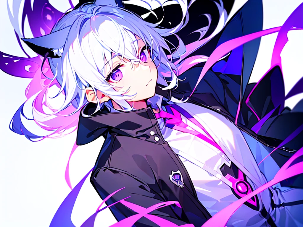 [(WHITE BACKGROUND:1.5),::5], ((((masterpiece)))), high quality, ultra very high resolution, full color, (((solo))), ((younger boy)), white hair, (Purple eyes), wolf ear, anime, ((upper body)), neon light, black parka,