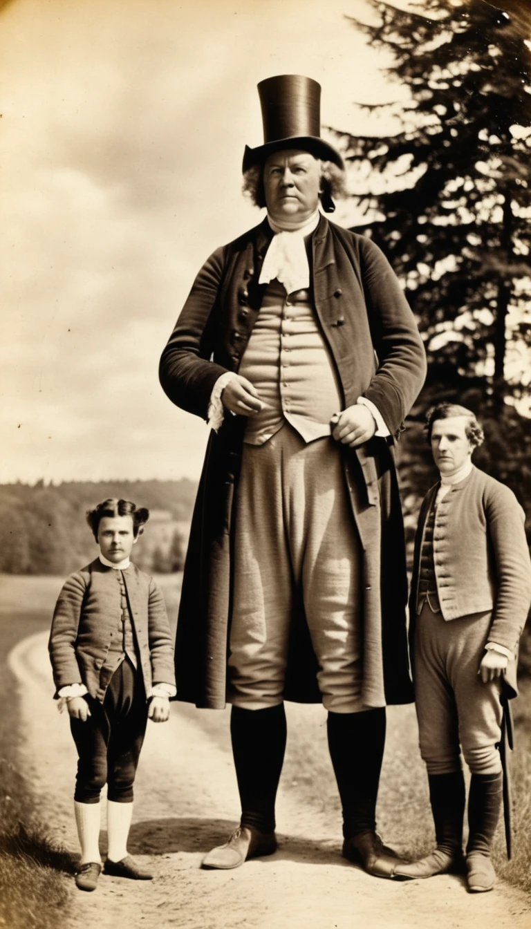 Old souvenir photo: Very large man, 100 feet long standing next to 2 people and taking photos. The photo was taken in 1750