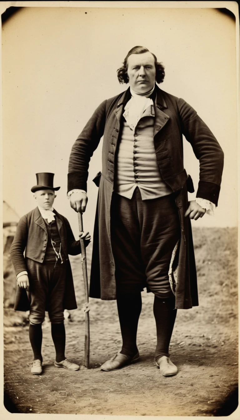 Old souvenir photo: Very large man, 100 feet long standing next to 2 people and taking photos. The photo was taken in 1750