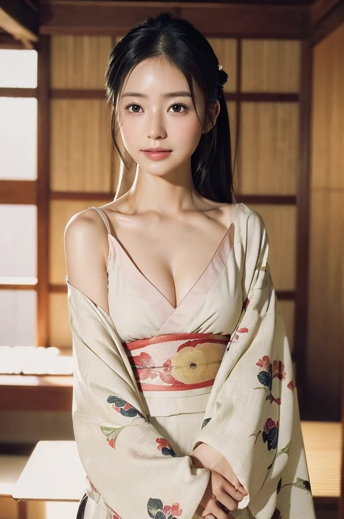 (8k、Live Shooting、Highest quality、Masterpiece:1.2),（kimono、Twelve-layered kimono、In a Japanese-style room）(High resolution 4K、Front view、High position、Serious expression、Super detailed、Super Resolution、(Real、Real写真:1.37)、Portrait、High-definition RAW color photos、nightの撮影、Professional photography、Very detailedで美しい、Very detailed、8k画壁紙、Amazing details、Huge file sizes、Official Art、Very detailedなCG Unity 8kの壁紙 Very detailedな女性、Very detailedな顔、Very detailedな肌、Very detailedな指、Very detailedな鼻、Very detailedな詳細な口、Perfect Anatomy、1 girl、(20:1.2)、Female, age 20、Realな体つき、、White skin、Shining skin black hair、semi-long、A sloppy smile、clean、Clean face、Realistic Face、Delicate eyes、kimono、Looking straight at the camera、Cowboy Shot、Landscape、Standing posture、（（night））Close-up of face、Radiant Skin、The chest is visible、sexy、nightの和室