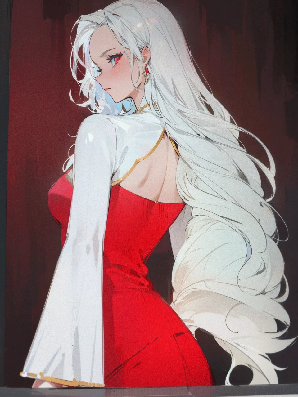 Add in roses to her dress, a good back dress design with some golden jewelry, make her dress into a red and white gown with a hat, give her some unique Jewelry, and make her look somewhat of a demonic angel like appearance to her