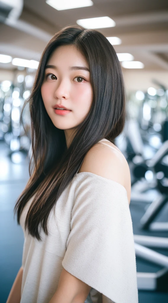 realistic 사진 (1 Cute Korean Star) Shoulder-length hair, light makeup, middle , be good at sports, inside the gym, selfie, 뚜렷한 face 특징, masterpiece, (High Profile: 1 1) natural skin, high quality, NSFW (new south wales), beautiful eyes, (face과 섬세한 눈), (face: 1 2), noise, special, real photo, .PSD, Light Film Photography, sharp focus, Contrast, detailed skin, 8K high resolution, crazy details, realistic, professional photography, 8k words, dslr, soft light, high quality, film grain, Fujifilm XT3