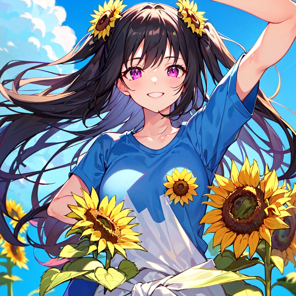 masterpiece, best quality, high quality, extremely detailed, very delicate and beautiful, (1 female 18 years old solo:1.2), (long black hair two-side up to waist:1.4), bangs to eyebrows, eyes Eyebrows glossy, (eye color magenta:1.3), 6.5 head height, ( T-shirt sunflower print fashion:1.3), knee socks, (smiling), (hands outstretched), (standing), (dynamic pose), (background sunflower field:1.3), (blue sky:1.3), (upper body:1.3)