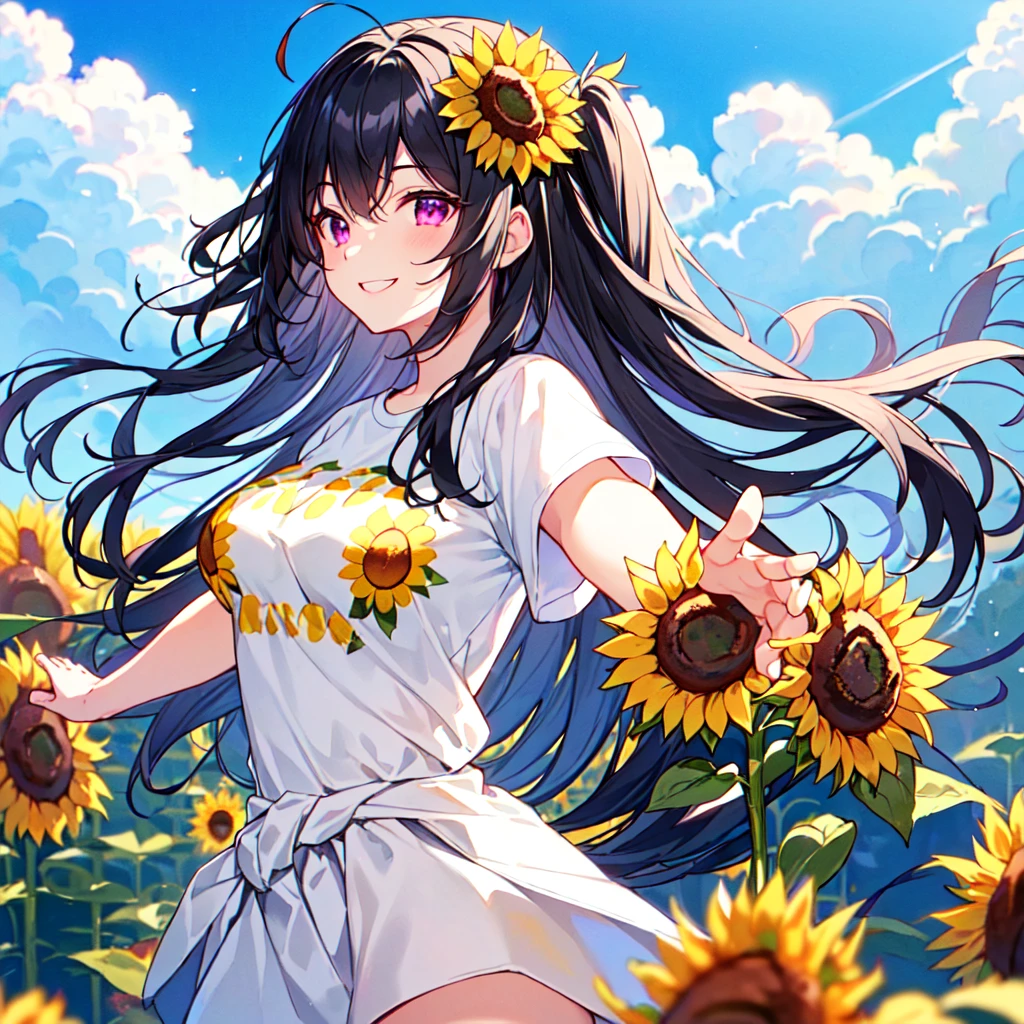 masterpiece, best quality, high quality, extremely detailed, very delicate and beautiful, (1 female 18 years old solo:1.2), (long black hair two-side up to waist:1.4), bangs to eyebrows, eyes Eyebrows glossy, (eye color magenta:1.3), 6.5 head height, ( T-shirt sunflower print fashion:1.3), knee socks, (smiling), (hands outstretched), (standing), (dynamic pose), (background sunflower field:1.3), (blue sky:1.3), (upper body:1.3)